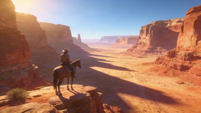 A lone rider on horseback gazes over a vast desert canyon bathed in the warm, golden hues of a sunset, creating a serene and majestic atmosphere.