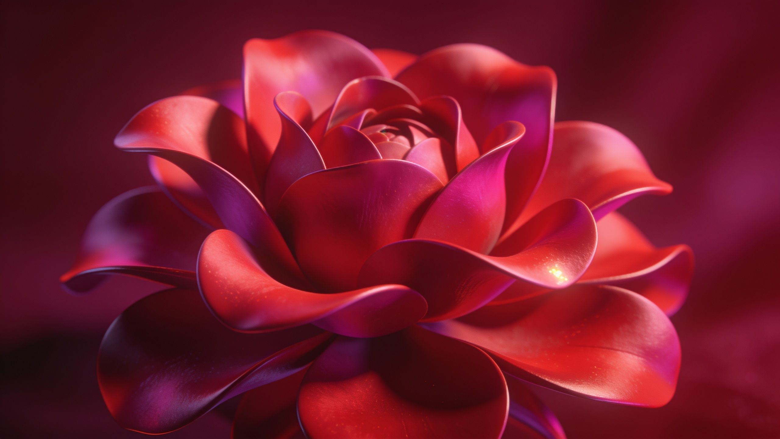 A close-up view of vibrant red flower petals in full bloom, with smooth, glossy textures and rich hues creating a sense of warmth and vitality against a soft, blurred red background.