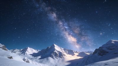 A breathtaking view of snow-covered mountain peaks under a clear night sky filled with countless stars and the Milky Way, creating a serene and awe-inspiring atmosphere.