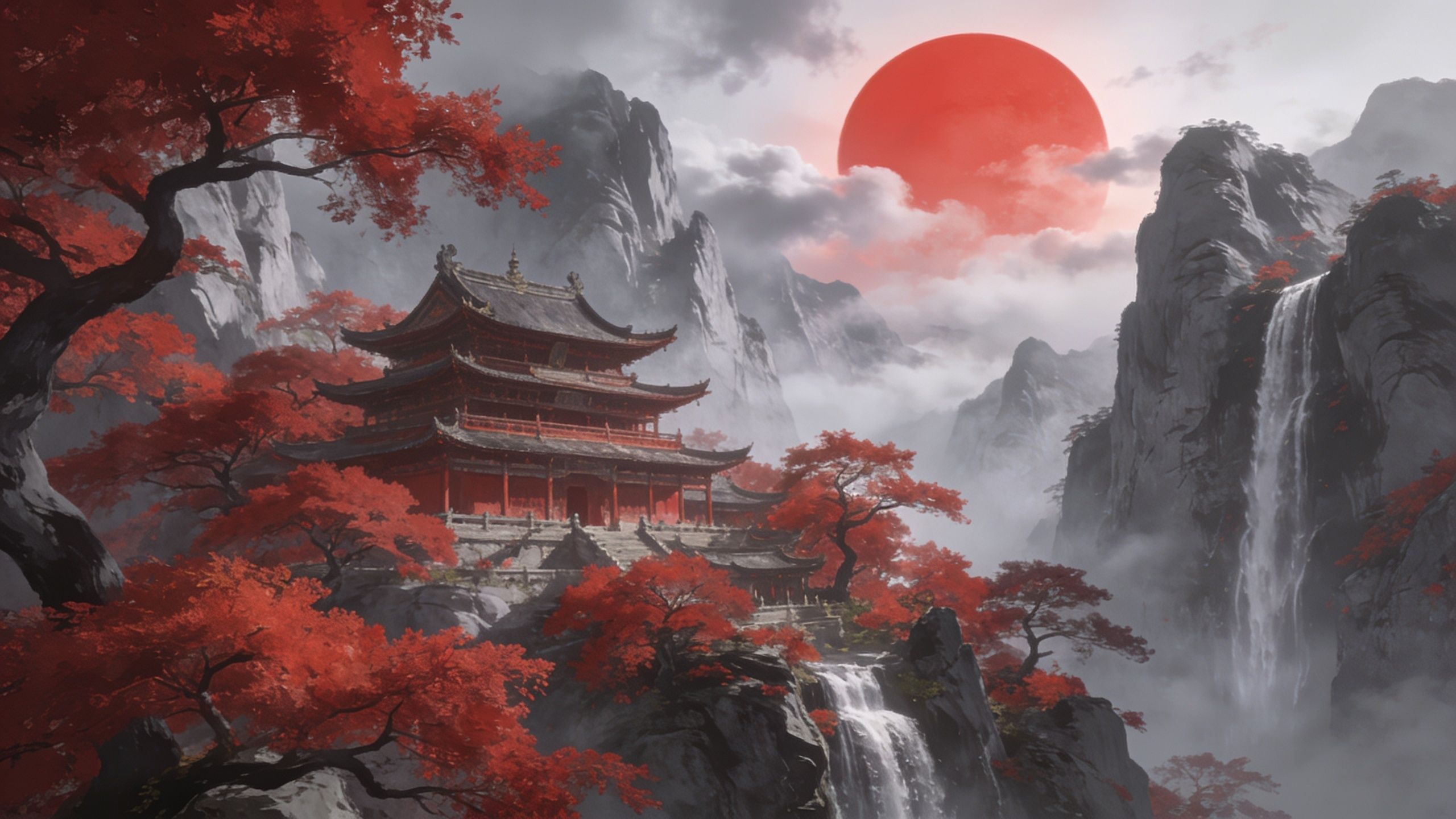 A serene temple with traditional architecture is nestled among vibrant red autumn trees and towering gray mountains, with a large red sun setting in the misty sky, creating a tranquil and majestic atmosphere.