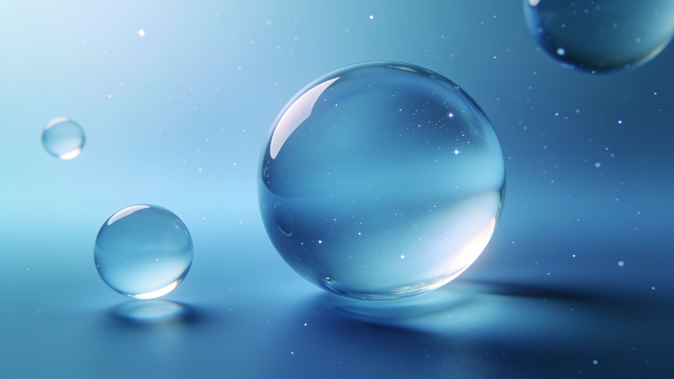 A calming scene of translucent blue bubbles floating in a serene, softly lit space, creating a tranquil and ethereal atmosphere.