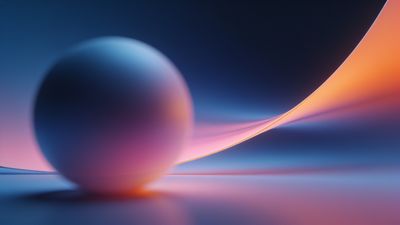 A smooth, abstract sphere sits in the foreground against a backdrop of flowing gradient waves in shades of blue, pink, and orange, creating a serene and futuristic atmosphere. The soft lighting and gentle curves evoke a sense of calm and fluidity.