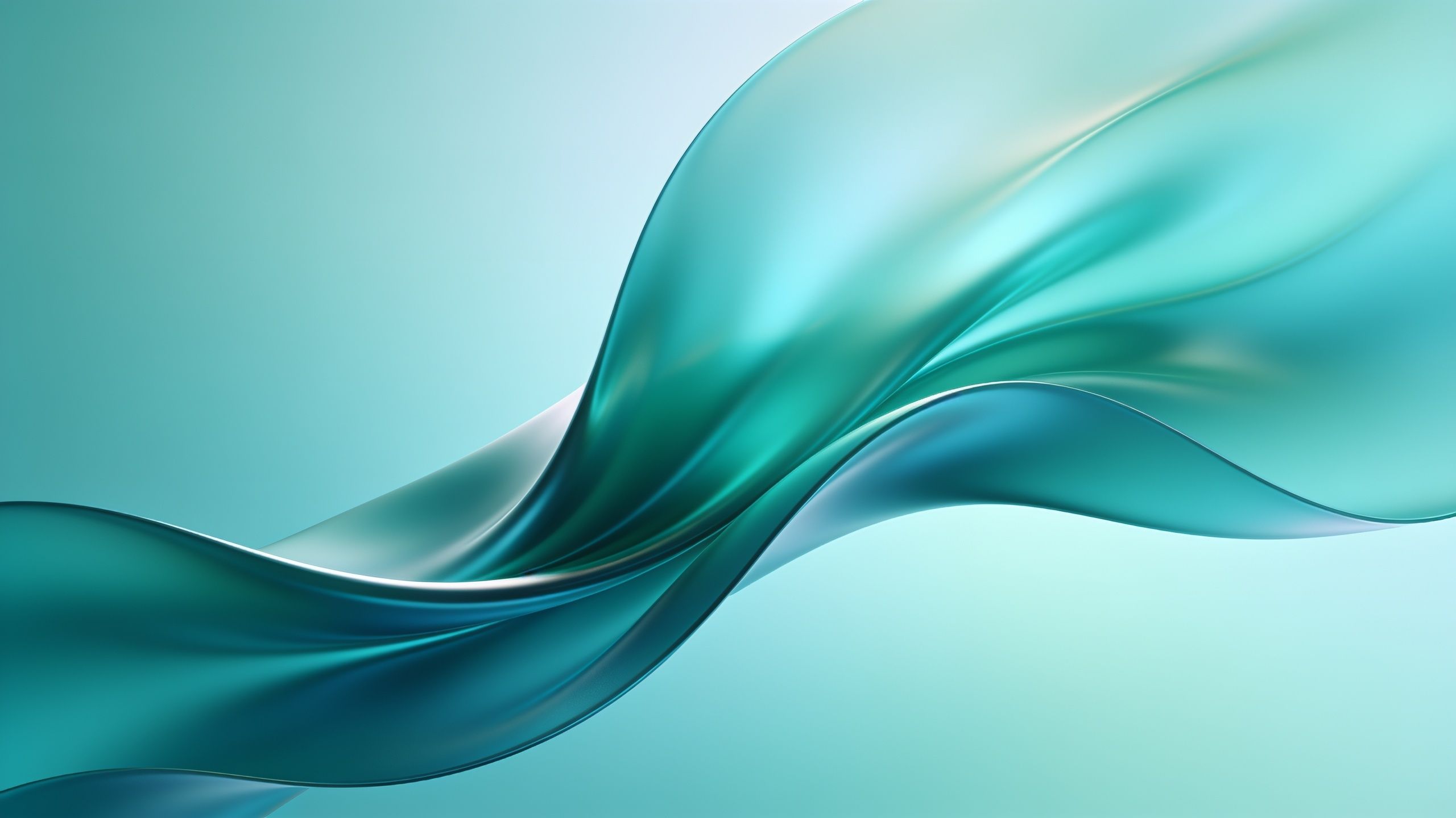 Abstract art depicting flowing teal waves creates a serene and calming atmosphere, with smooth, undulating curves against a soft gradient background.