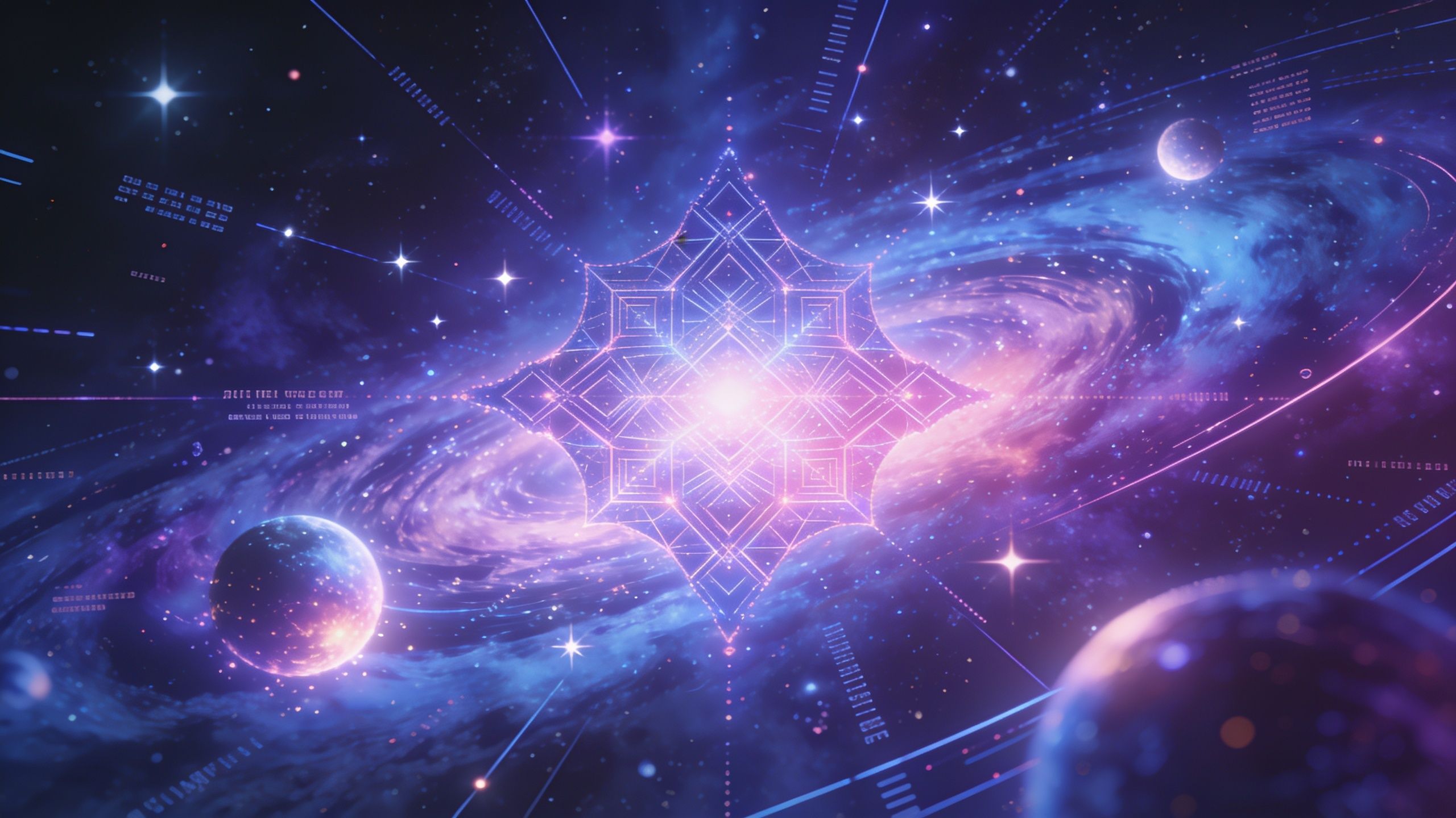 A mesmerizing cosmic scene featuring intricate geometric patterns glowing in pink and purple hues, set against a swirling galaxy with stars and planets, creating a sense of wonder and infinite possibilities.