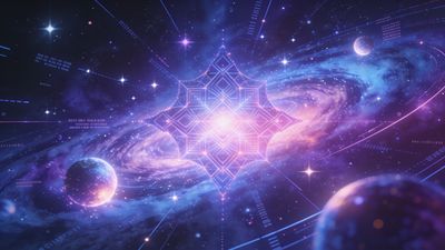 A mesmerizing cosmic scene featuring intricate geometric patterns glowing in pink and purple hues, set against a swirling galaxy with stars and planets, creating a sense of wonder and infinite possibilities.