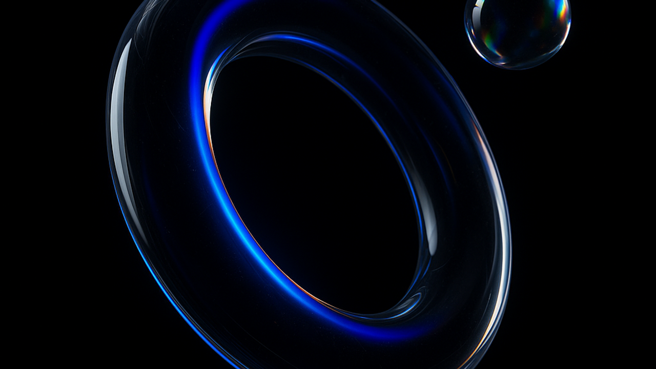A glossy, glass-like torus ring edged with vivid blue neon light floats in a black void, accompanied by a small iridescent orb near its upper right edge. The stark contrast and subtle reflections create a sleek, futuristic mood.