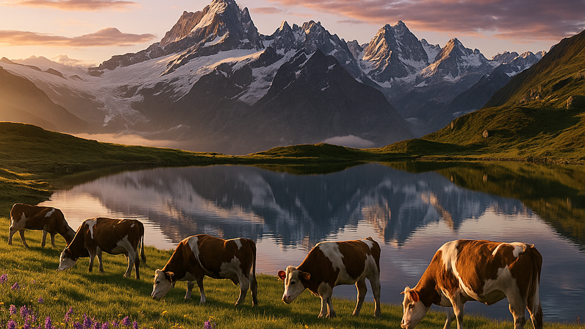 Five brown-and-white Alpine cows graze on a sun-washed meadow beside a glassy lake that mirrors towering, snow-capped peaks bathed in soft sunrise hues. The tranquil, high-altitude landscape feels peaceful and majestic, inviting quiet appreciation of nature in vivid 4K HD clarity.