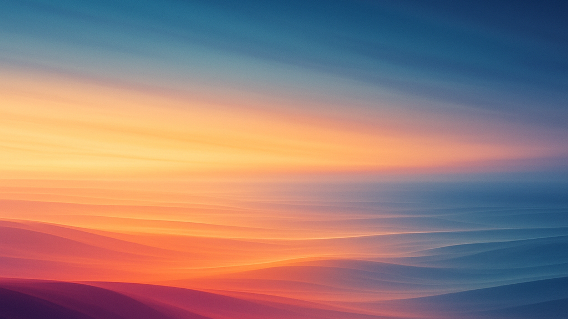 Soft, abstract ripples resemble ocean waves fading from deep midnight blue at the top to glowing gold, apricot, and rose near the horizon, suggesting a tranquil sunset over calm water; the smooth gradient and gentle curves evoke a serene, dreamy mood.