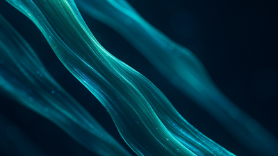 Translucent teal light ribbons sweep diagonally across a deep navy backdrop, their softly glowing strands flecked with tiny sparkles that evoke a calm, futuristic, underwater ambience.
