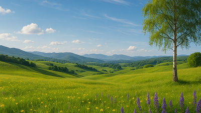 Sunlit rolling green hills sprinkled with yellow and purple wildflowers sweep toward hazy blue mountains beneath a clear spring sky, a slender birch tree standing at the right edge. The vivid colours and soft clouds evoke a fresh, tranquil mood.
