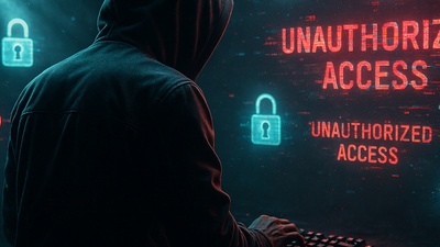 A hooded figure types at a glowing keyboard in a dim, neon-lit room, facing a holographic screen that flashes bright red warnings reading “UNAUTHORIZED ACCESS” beside cyan padlock icons. The moody cyberpunk scene blends teal and crimson light, emphasizing secrecy and tension in a futuristic digital breach.