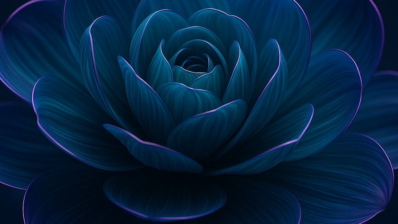 Macro 4K HD wallpaper of a midnight-blue rose in full bloom, its velvety petals edged with faint violet light against a deep, shadowy backdrop. The rich cool tones and soft glow create a calm, mysterious, and elegant mood.