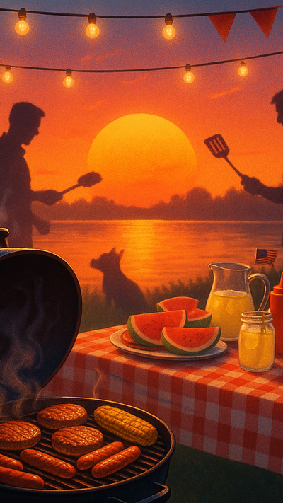 String lights glow above an evening lakeside cookout where burgers, hot dogs, and corn sizzle on a charcoal grill beside a red-and-white checkered table topped with watermelon slices, lemonade, and a small American flag. Silhouetted friends and their dog watch the glowing orange sun sink toward the horizon, a relaxed Labor Day farewell to summer.