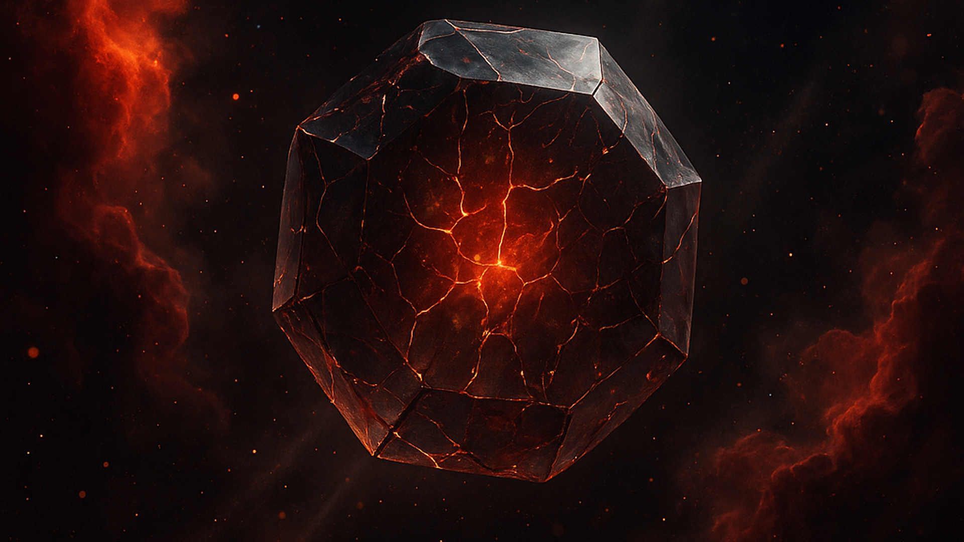 A semi-transparent dodecahedron laced with fiery magma veins hovers in a star-speckled, crimson nebula, its molten core pulsing like a cosmic heart. The scene feels dramatic and ominous, as if the shape is an unstable power source adrift in deep space.