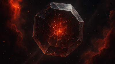 A semi-transparent dodecahedron laced with fiery magma veins hovers in a star-speckled, crimson nebula, its molten core pulsing like a cosmic heart. The scene feels dramatic and ominous, as if the shape is an unstable power source adrift in deep space.