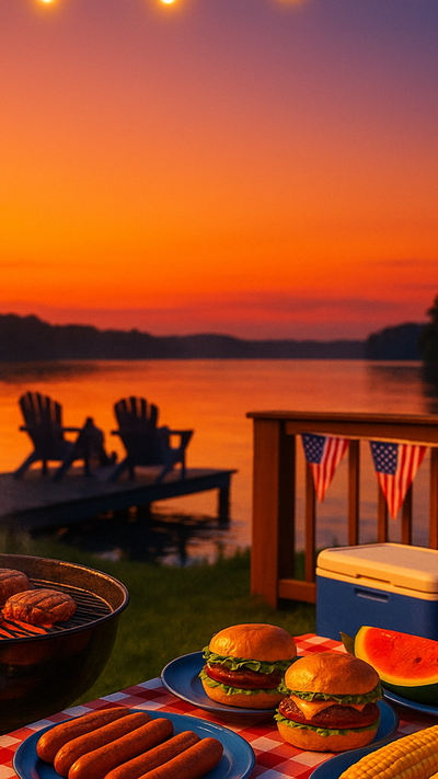 Golden sunset pours over a tranquil lake where Adirondack chairs rest on a dock, while the foreground invites with sizzling burgers, hot dogs, sweet corn and watermelon on a red-check tablecloth beside a grill, tiny flag bunting and string lights hinting at a laid-back Labor Day gathering.