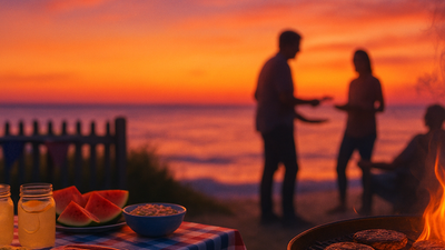 Golden-orange sunset light bathes a beach cookout: flames curl around burger patties on a kettle grill while Mason jars of lemonade, watermelon wedges, and a bowl of salad sit on a gingham-covered table, with three friends’ silhouettes chatting by the shoreline in a relaxed, end-of-summer Labor Day mood.