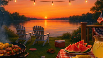 Warm twilight colors wash over a lakeside cookout scene: two empty Adirondack chairs face the setting sun across calm water while a smoky grill, red-checkered table laden with watermelon and lemonade, and subtle patriotic bunting and flags evoke a laid-back Labor Day afternoon. Lights strung overhead cast a gentle glow, completing the relaxed, end-of-summer mood.