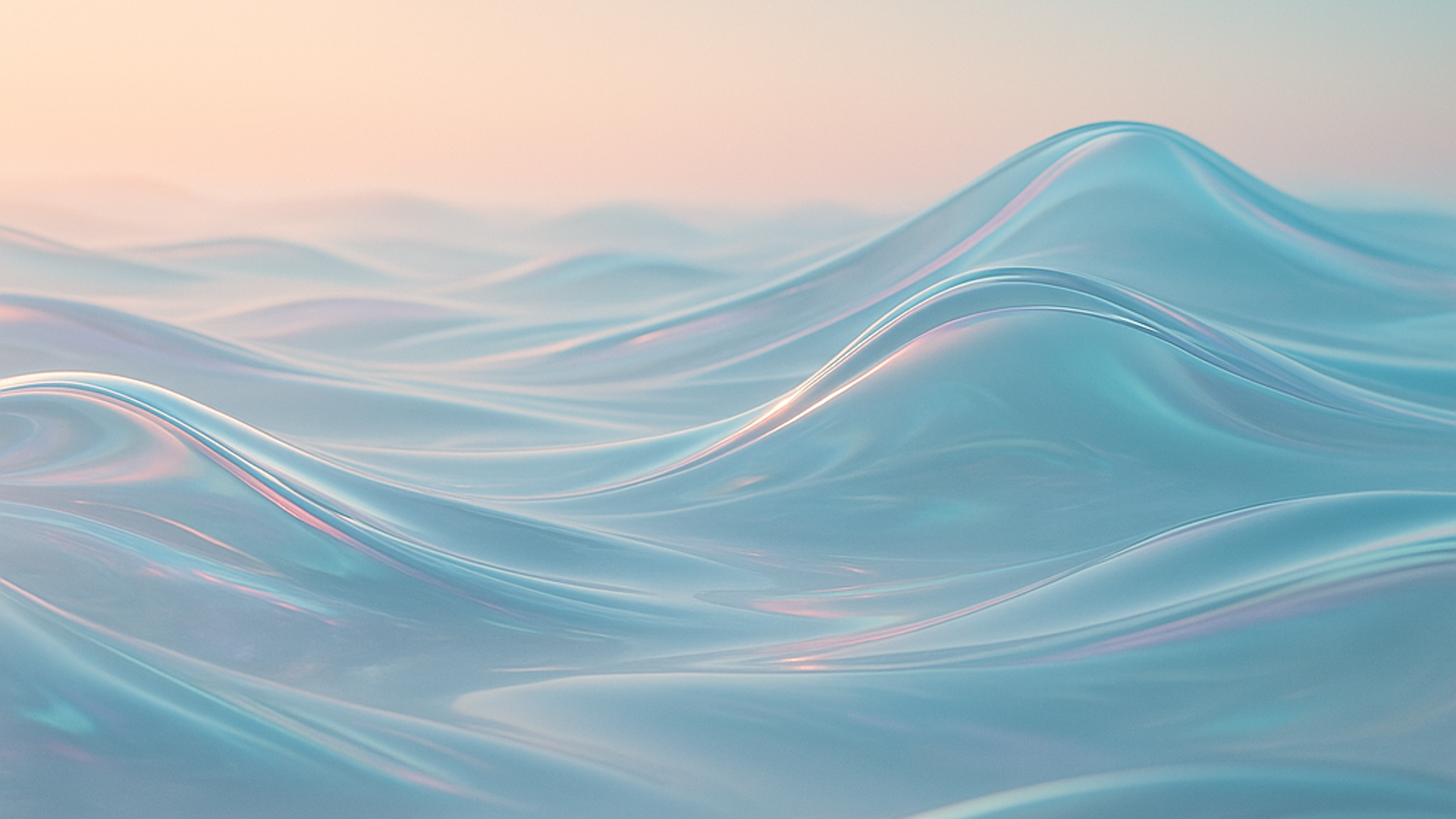 Translucent, glass-smooth swells roll beneath a pastel sunrise, their blue surfaces shimmering with hints of pink and teal, creating a serene, dreamlike seascape.
