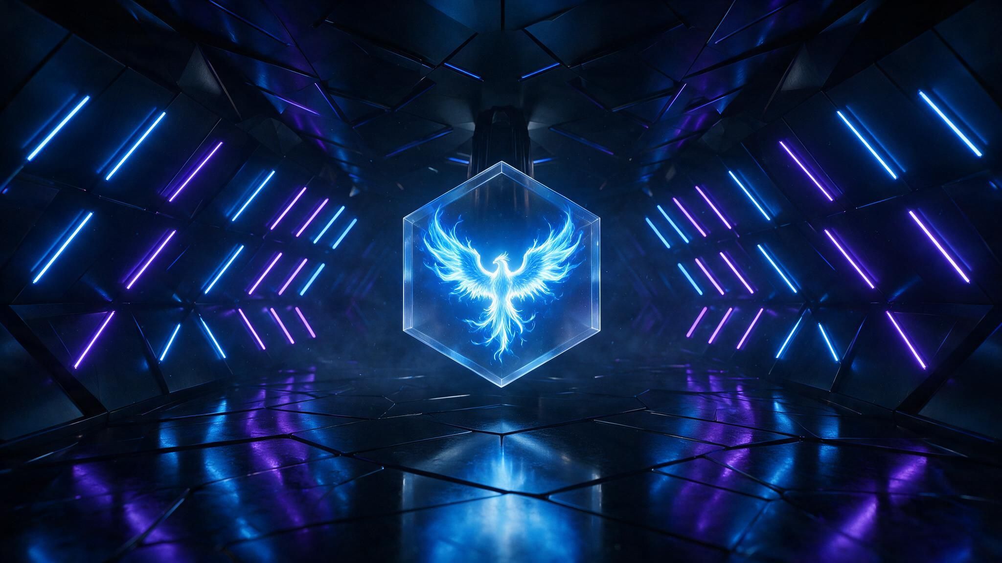 A glowing blue phoenix hologram flares inside a transparent hexagon, floating in the center of a dark, metallic corridor lined with rhythmic blue and violet neon bars that reflect across the glossy floor, creating an intense, futuristic atmosphere.