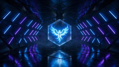 A glowing blue phoenix hologram flares inside a transparent hexagon, floating in the center of a dark, metallic corridor lined with rhythmic blue and violet neon bars that reflect across the glossy floor, creating an intense, futuristic atmosphere.