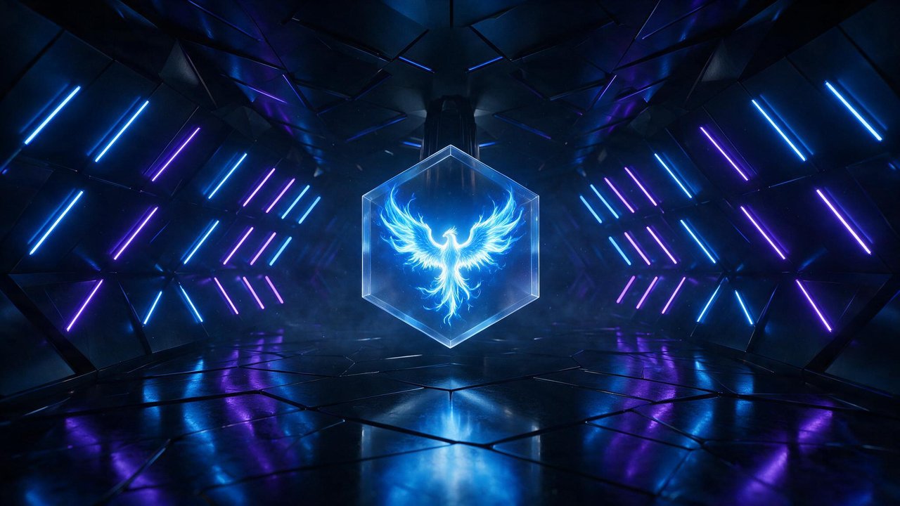 A glowing blue phoenix hologram flares inside a transparent hexagon, floating in the center of a dark, metallic corridor lined with rhythmic blue and violet neon bars that reflect across the glossy floor, creating an intense, futuristic atmosphere.
