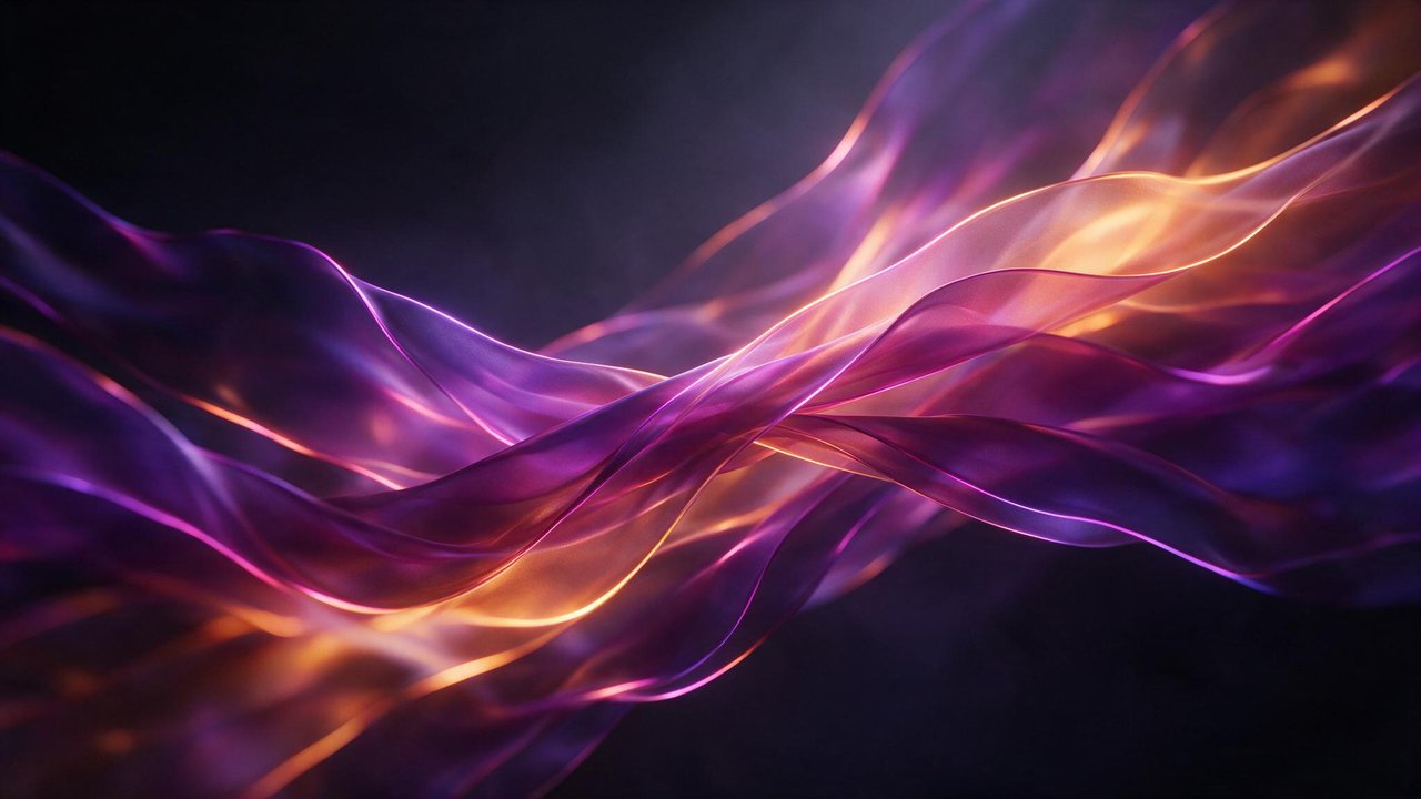 Translucent ribbons of purple, magenta, and amber light twist and weave diagonally across a deep black-violet backdrop, evoking a sense of flowing energy and serene, futuristic ambience.