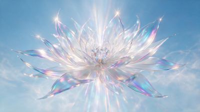 A luminous, iridescent crystal lotus floats in a clear blue sky, its glass-like petals refracting rainbow light that radiates outward in soft beams. The scene feels serene and otherworldly, evoking a sense of calm wonder.