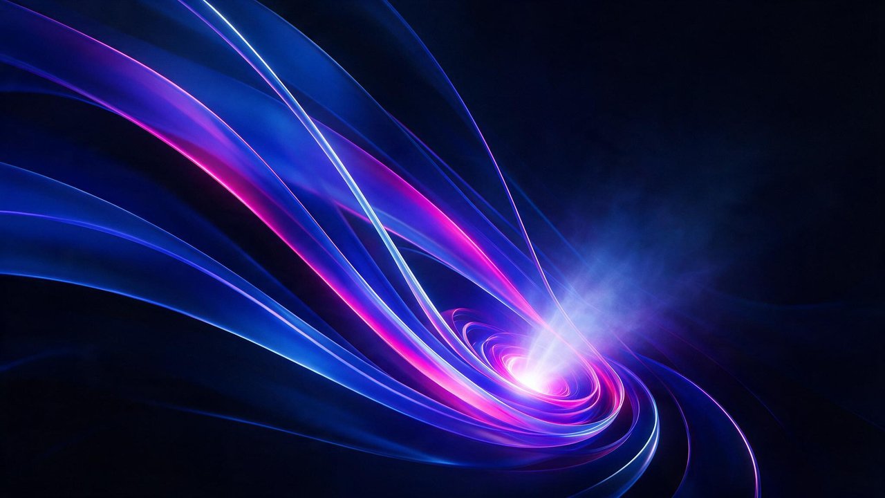 Vibrant ribbons of electric blue, violet, and pink light swirl into a bright core against a deep, starless void, creating an energetic, futuristic cosmic vortex.
