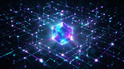 A radiant neon cube shimmers in electric blue and violet at the center of a dark, glowing grid of interconnected lines and nodes, casting star-like particles into the surrounding void. The vibrant colors and sharp light rays evoke a sleek, futuristic cyberpunk mood.
