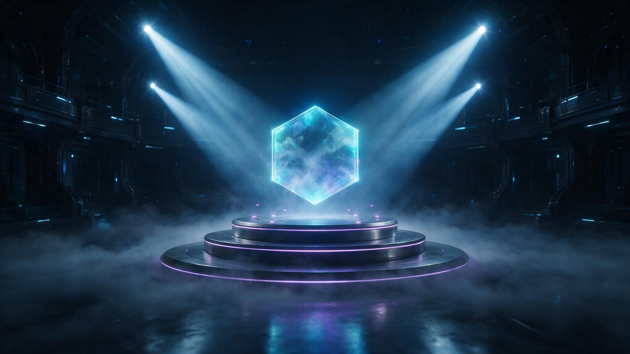 In a dark, cavernous sci-fi arena, a glowing cyan-and-purple hexagon hologram hovers above a tiered metal platform. Cool blue spotlights slice through swirling mist, creating a dramatic, high-tech mood.