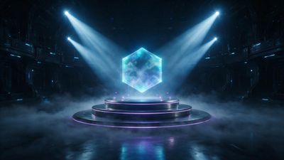 In a dark, cavernous sci-fi arena, a glowing cyan-and-purple hexagon hologram hovers above a tiered metal platform. Cool blue spotlights slice through swirling mist, creating a dramatic, high-tech mood.