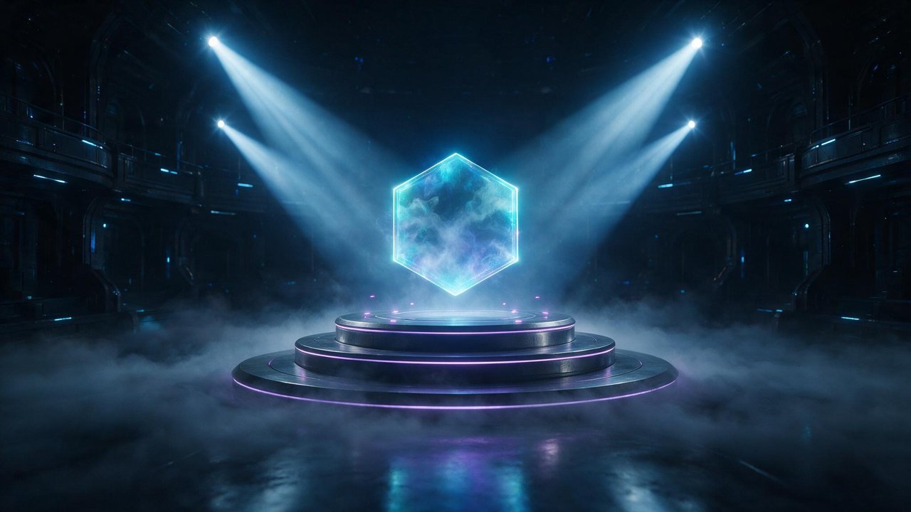 In a dark, cavernous sci-fi arena, a glowing cyan-and-purple hexagon hologram hovers above a tiered metal platform. Cool blue spotlights slice through swirling mist, creating a dramatic, high-tech mood.