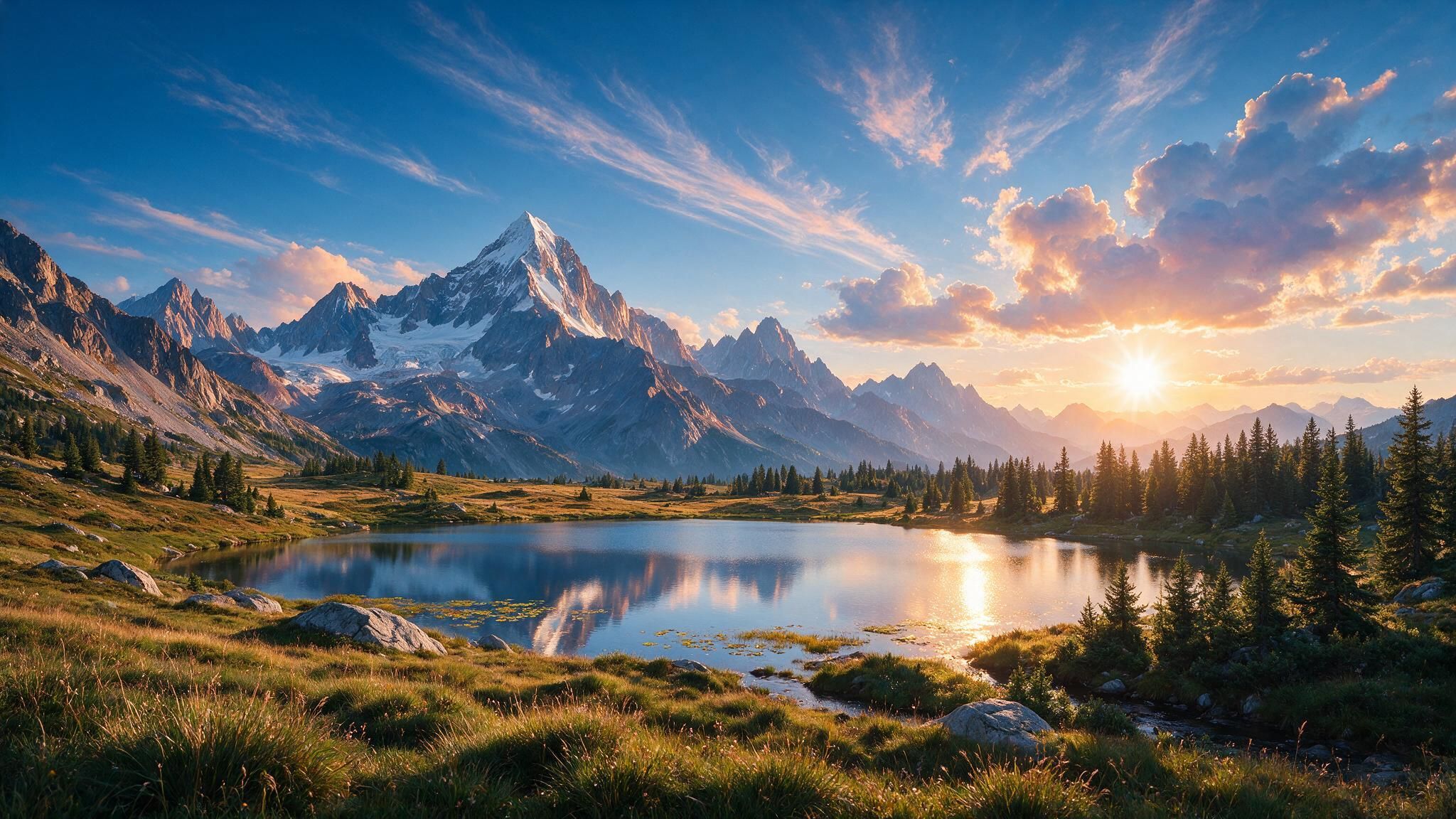 A golden sunrise bathes a tranquil alpine lake that mirrors a jagged, snow-capped peak and surrounding range, while evergreen trees and dewy meadow grass in the foreground evoke a serene, majestic mood.
