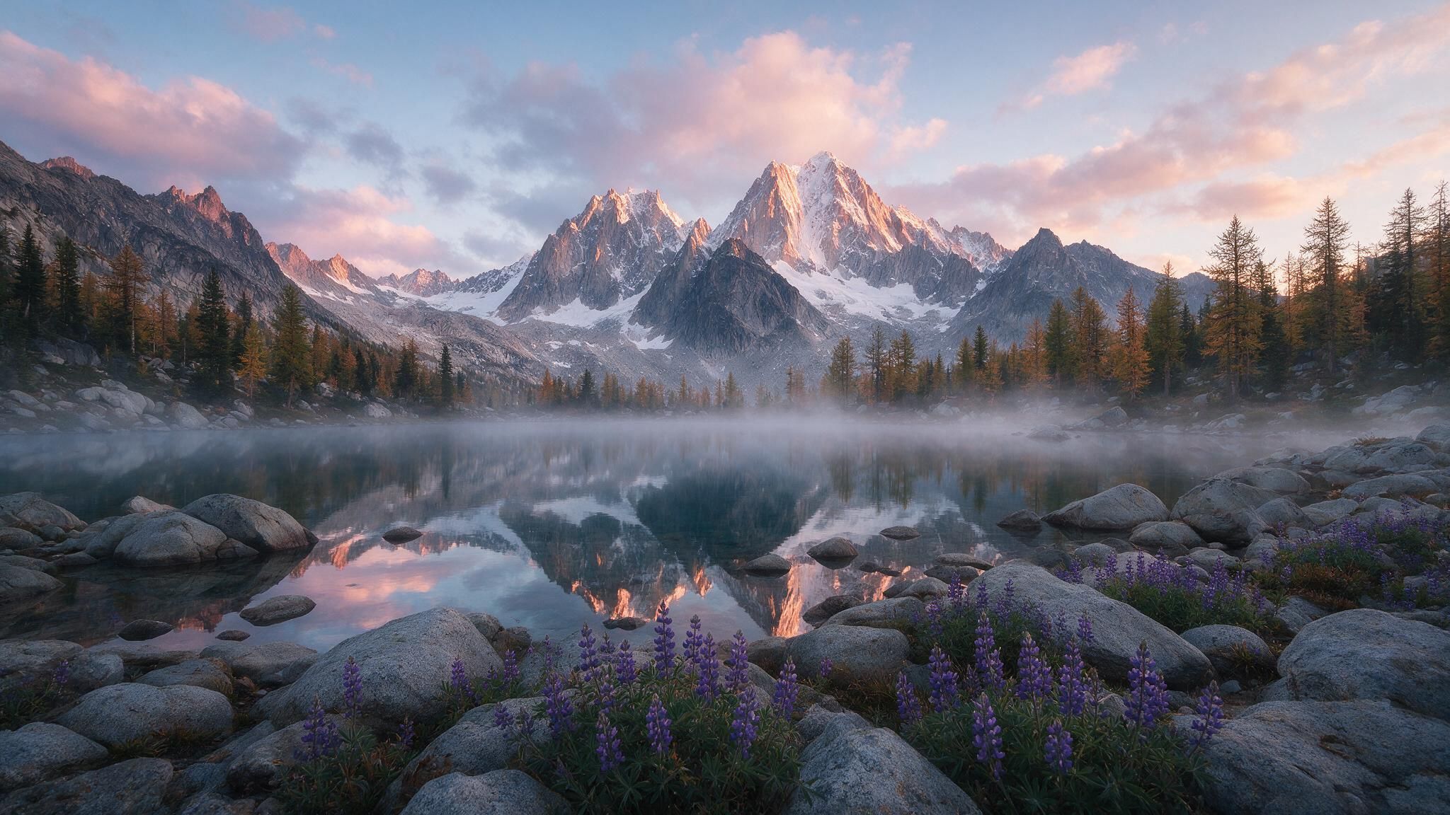 At dawn, rosy sunlight illuminates jagged, snow-dusted alpine peaks towering over a glassy, fog-kissed mountain lake that mirrors the mountains and golden larch trees, while clusters of purple lupines nestle among granite boulders in the peaceful foreground.