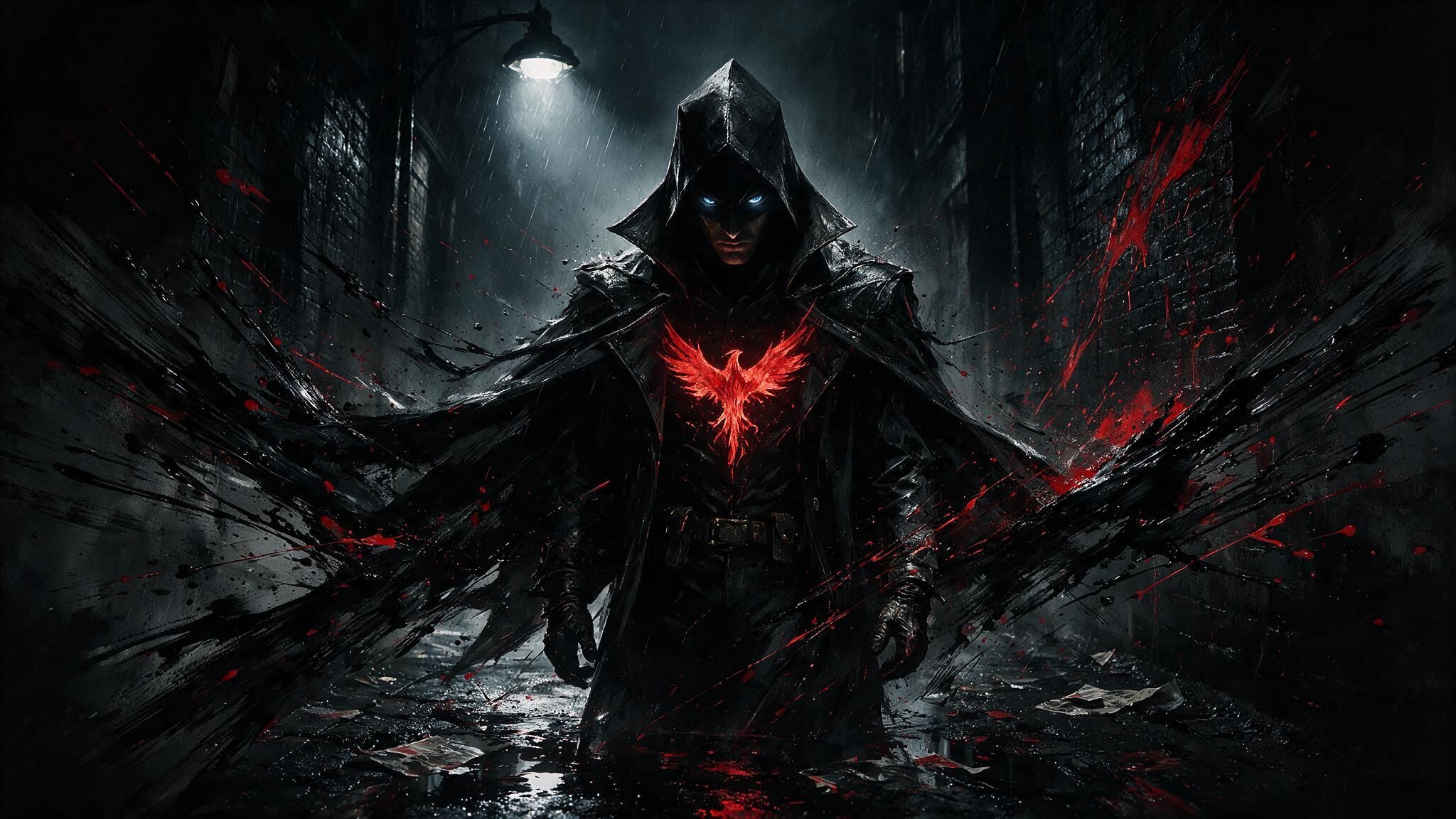A hooded figure in black tactical armor stands in a rain-soaked alley, eyes glowing icy blue beneath the cowl. A fiery red phoenix emblem blazes from the chest, splattering into wing-like streaks of red and black paint around them, creating a dark, intense vigilante mood.