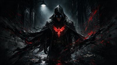 A hooded figure in black tactical armor stands in a rain-soaked alley, eyes glowing icy blue beneath the cowl. A fiery red phoenix emblem blazes from the chest, splattering into wing-like streaks of red and black paint around them, creating a dark, intense vigilante mood.