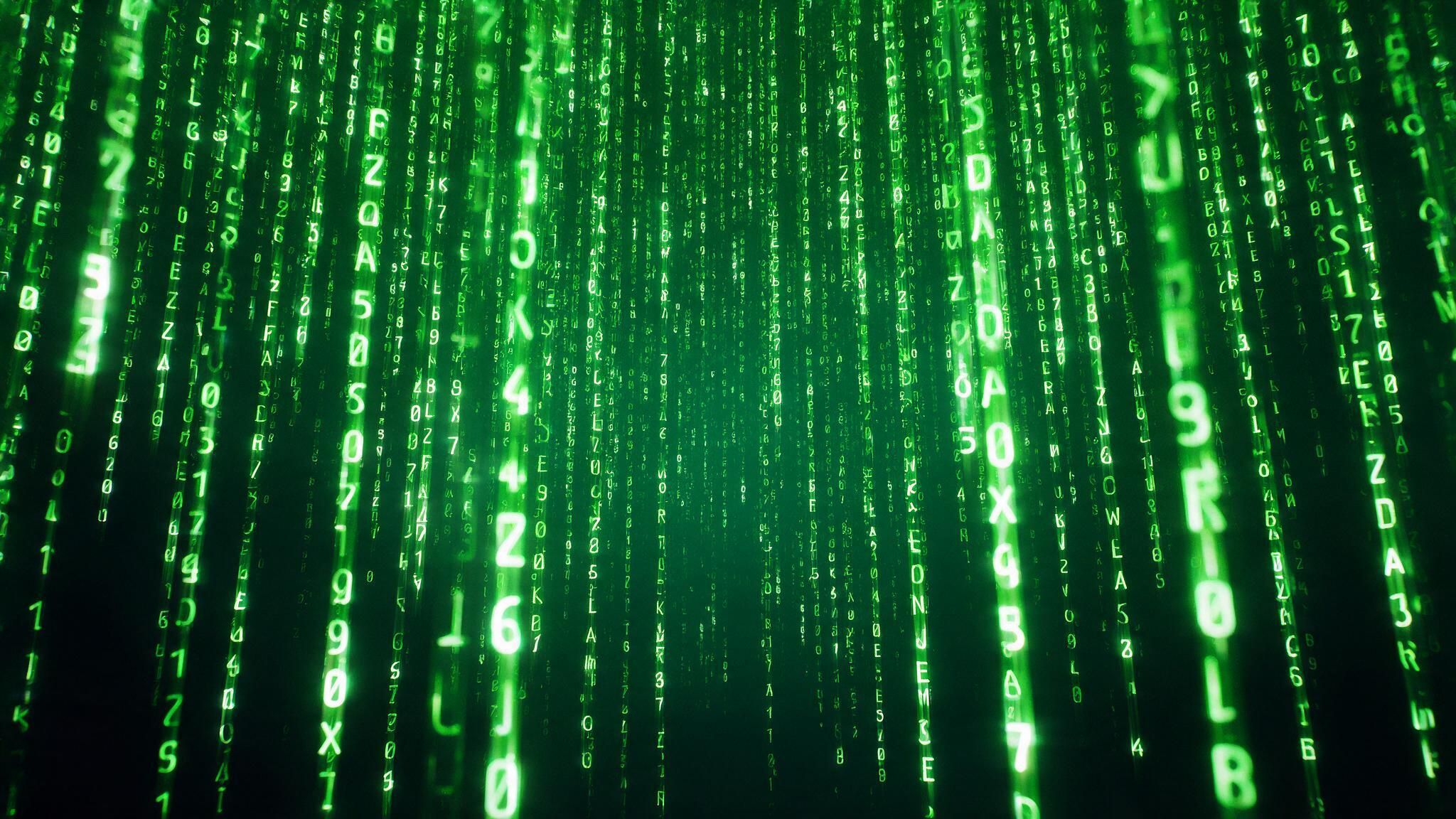 Neon-green streams of alphanumeric symbols cascade vertically against a deep black backdrop, evoking the iconic Matrix code and creating an immersive, futuristic cyberpunk mood. High-contrast lighting and subtle blur give the 4K HD wallpaper a sense of endless digital depth and motion.