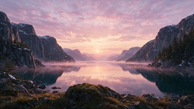 Soft pink dawn light bathes a still fjord flanked by snow-dusted cliffs and evergreen forests, the glassy water mirroring pastel clouds and low drifting mist to create a serene, dreamlike mood.
