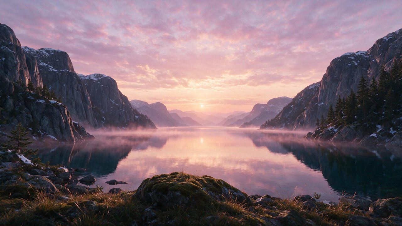 Soft pink dawn light bathes a still fjord flanked by snow-dusted cliffs and evergreen forests, the glassy water mirroring pastel clouds and low drifting mist to create a serene, dreamlike mood.