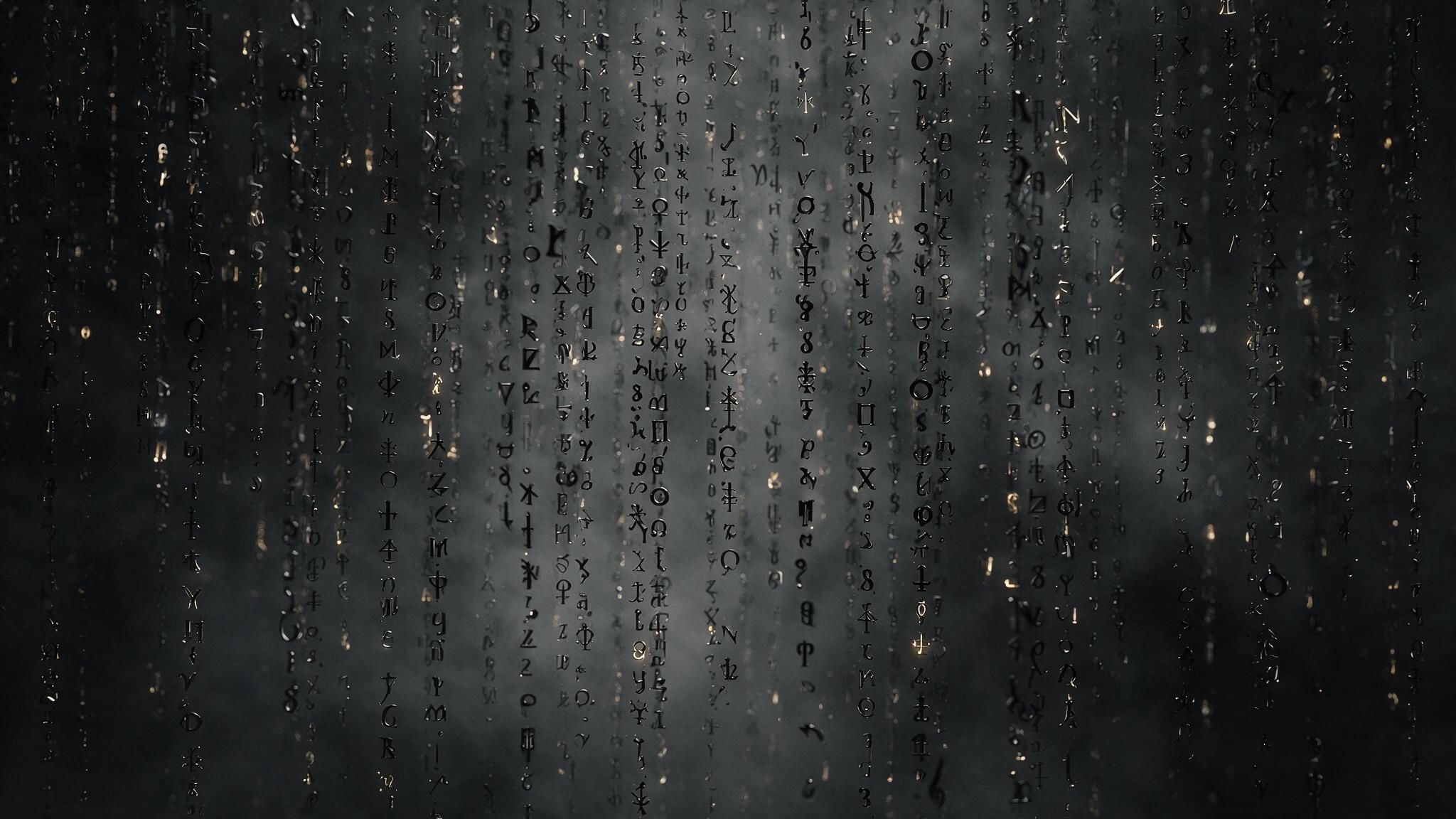 Vertical streams of silver-black runic symbols cascade like digital rain against a smoky charcoal backdrop, punctuated by faint golden sparks. The high-contrast 4K scene feels mysterious and cyber-noir, blending Matrix-style code with an ancient, arcane mood.