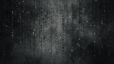 Vertical streams of silver-black runic symbols cascade like digital rain against a smoky charcoal backdrop, punctuated by faint golden sparks. The high-contrast 4K scene feels mysterious and cyber-noir, blending Matrix-style code with an ancient, arcane mood.