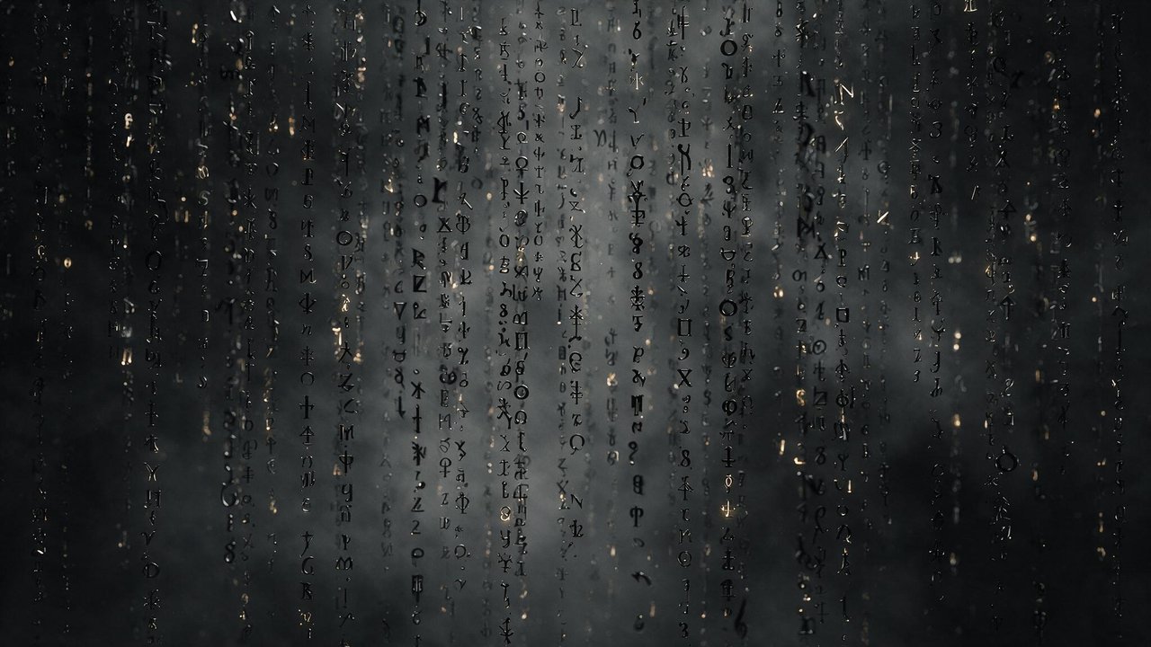 Vertical streams of silver-black runic symbols cascade like digital rain against a smoky charcoal backdrop, punctuated by faint golden sparks. The high-contrast 4K scene feels mysterious and cyber-noir, blending Matrix-style code with an ancient, arcane mood.