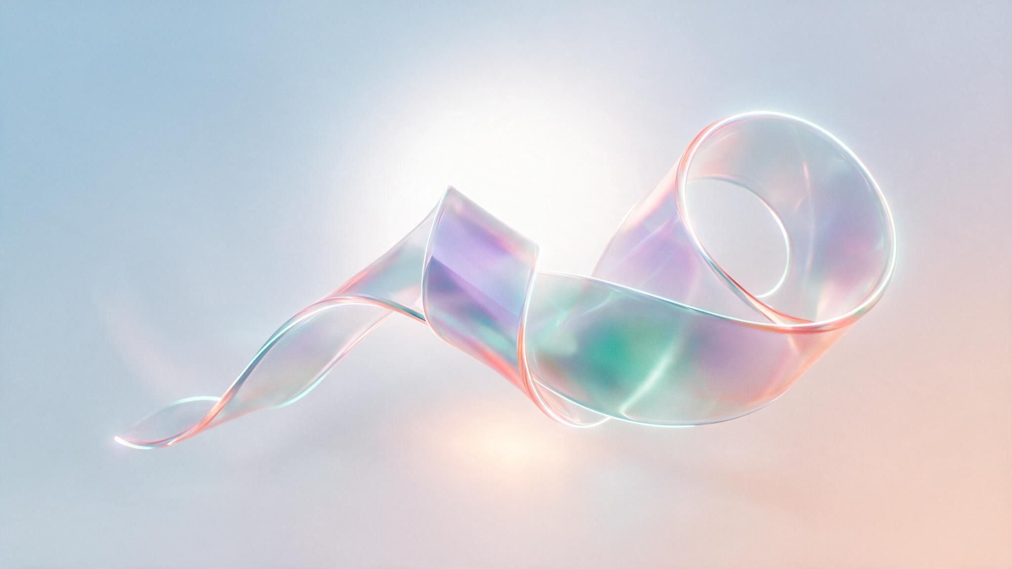 A translucent, iridescent ribbon twists gracefully in mid-air, its pastel hues of aqua, lavender, and peach glowing against a soft gradient sky. The minimalist, luminous scene feels airy and serene, evoking a calm, futuristic mood.