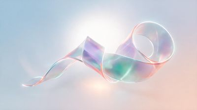 A translucent, iridescent ribbon twists gracefully in mid-air, its pastel hues of aqua, lavender, and peach glowing against a soft gradient sky. The minimalist, luminous scene feels airy and serene, evoking a calm, futuristic mood.