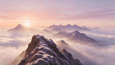 A jagged ridge coated in delicate frost catches the first golden-pink rays of sunrise, standing above a thick blanket of rolling clouds. Distant peaks fade into pastel hues, giving the high-altitude landscape a tranquil, dreamlike atmosphere.