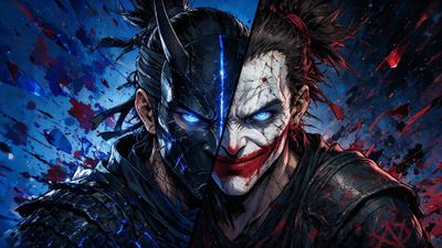 Anime-style 4K illustration of a split portrait: left half a stoic samurai in a cracked, horned Dark Knight mask with glowing blue eyes and scale armor, right half a blood-flecked Joker with smeared crimson grin and matching eyes, both set against an abstract burst of blue and red shards. The stark color contrast and fractured composition convey a tense, chaotic clash of identities.