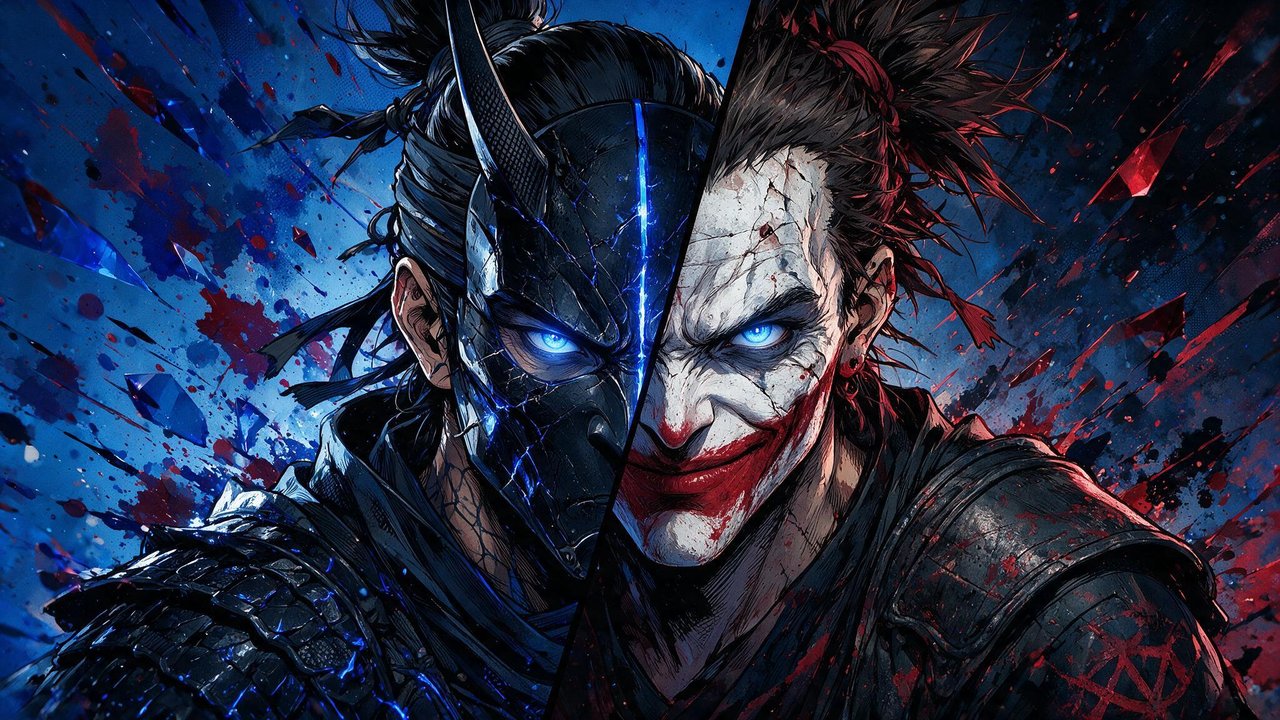 Anime-style 4K illustration of a split portrait: left half a stoic samurai in a cracked, horned Dark Knight mask with glowing blue eyes and scale armor, right half a blood-flecked Joker with smeared crimson grin and matching eyes, both set against an abstract burst of blue and red shards. The stark color contrast and fractured composition convey a tense, chaotic clash of identities.
