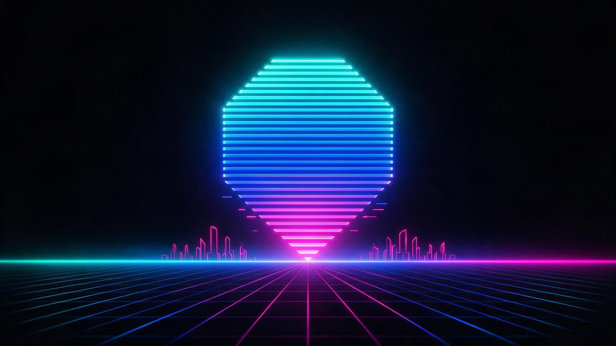 A retro synthwave scene displays a glowing cyan-to-magenta striped octagon hovering above a black void, anchored to a neon grid floor that stretches to a minimalist wireframe city skyline. The bold colors and sharp geometry create an energetic, futuristic 1980s mood.
