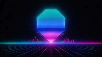 A retro synthwave scene displays a glowing cyan-to-magenta striped octagon hovering above a black void, anchored to a neon grid floor that stretches to a minimalist wireframe city skyline. The bold colors and sharp geometry create an energetic, futuristic 1980s mood.